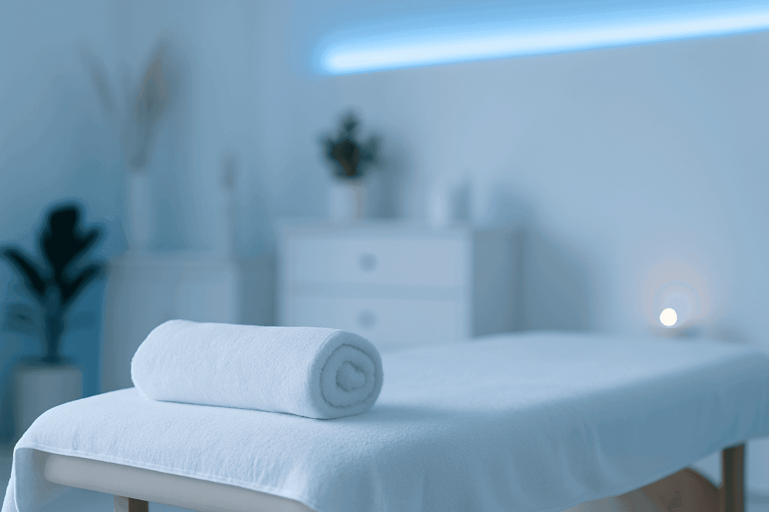 Camilla de masaje con toalla blanca en un estudio de masajes profesional en Alicante, iluminado con luz azul suave y decoración minimalista. Ambiente relajante ideal para masajes descontracturantes y terapéuticos.