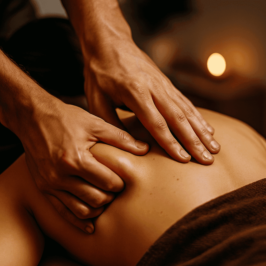 Primer plano de un terapeuta aplicando presión con el pulgar sobre la espalda de un cliente para liberar una contractura muscular, en un ambiente profesional de masaje con luz suave.