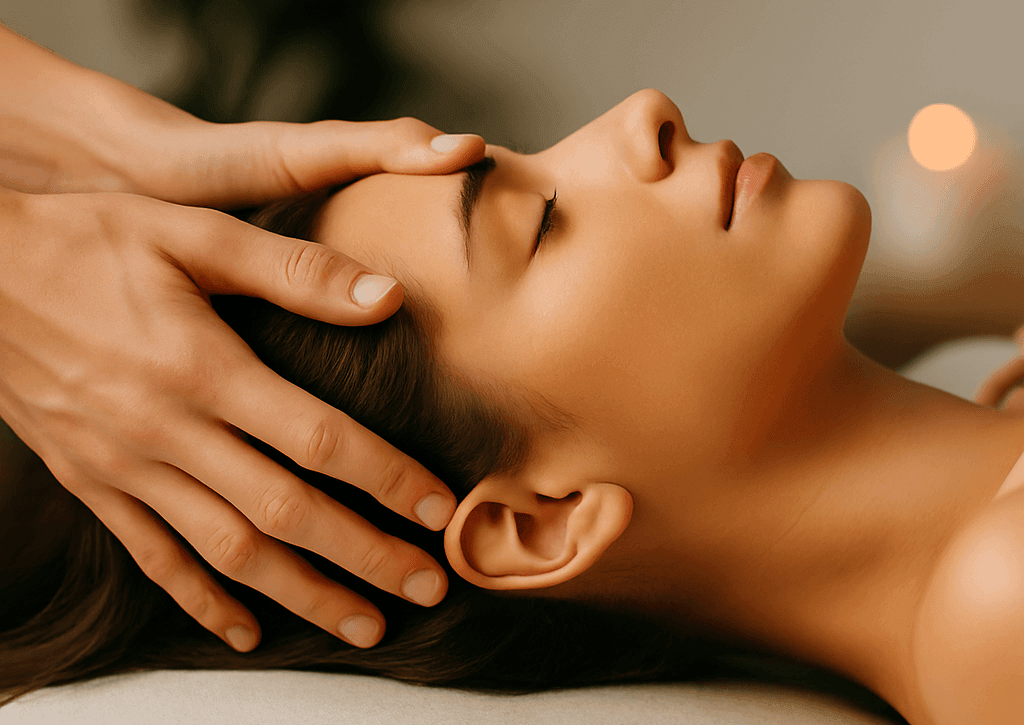 Primer plano de una mujer recibiendo un masaje craneal profesional en Alicante, con manos aplicando presión suave sobre el cuero cabelludo en un ambiente relajante de spa.