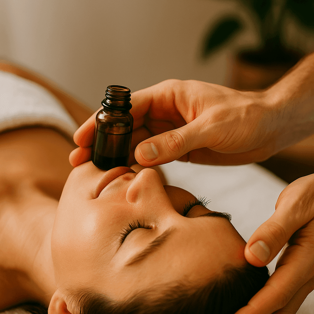 Mujer recostada con una expresión de relajación mientras inhala aceites esenciales naturales en un ambiente de spa con luz suave, ideal para representar un masaje con aromaterapia en Alicante.