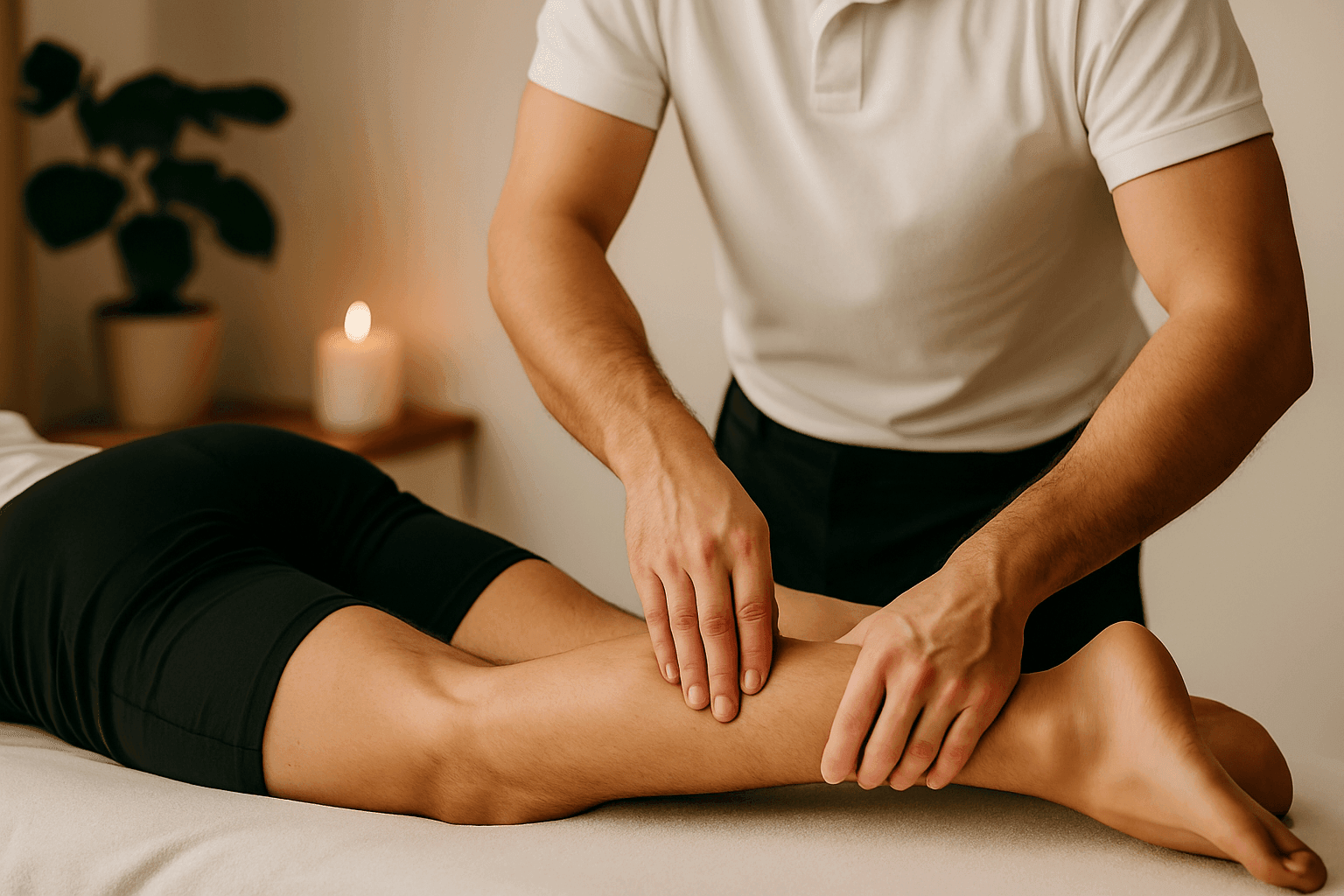 Primer plano de un masajista aplicando presión profunda con los pulgares sobre los músculos de la pierna de un deportista acostado, en un ambiente profesional, ideal para recuperación muscular y tratamiento de lesiones deportivas.