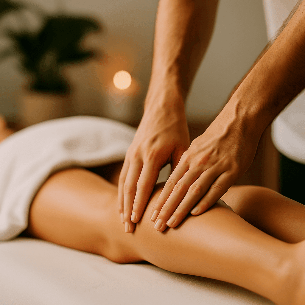 Primer plano de un masaje terapéutico en gemelos, con un profesional presionando suavemente las pantorrillas de una persona recostada para aliviar la fatiga y mejorar la circulación en las piernas.