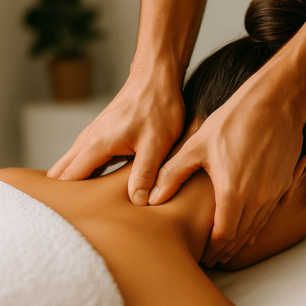 Masajista realizando un masaje cervical en la zona del cuello de un cliente, con técnicas manuales localizadas, en un entorno de spa profesional en Alicante. Imagen enfocada en las manos y el cuello para transmitir alivio de tensión y bienestar físico.