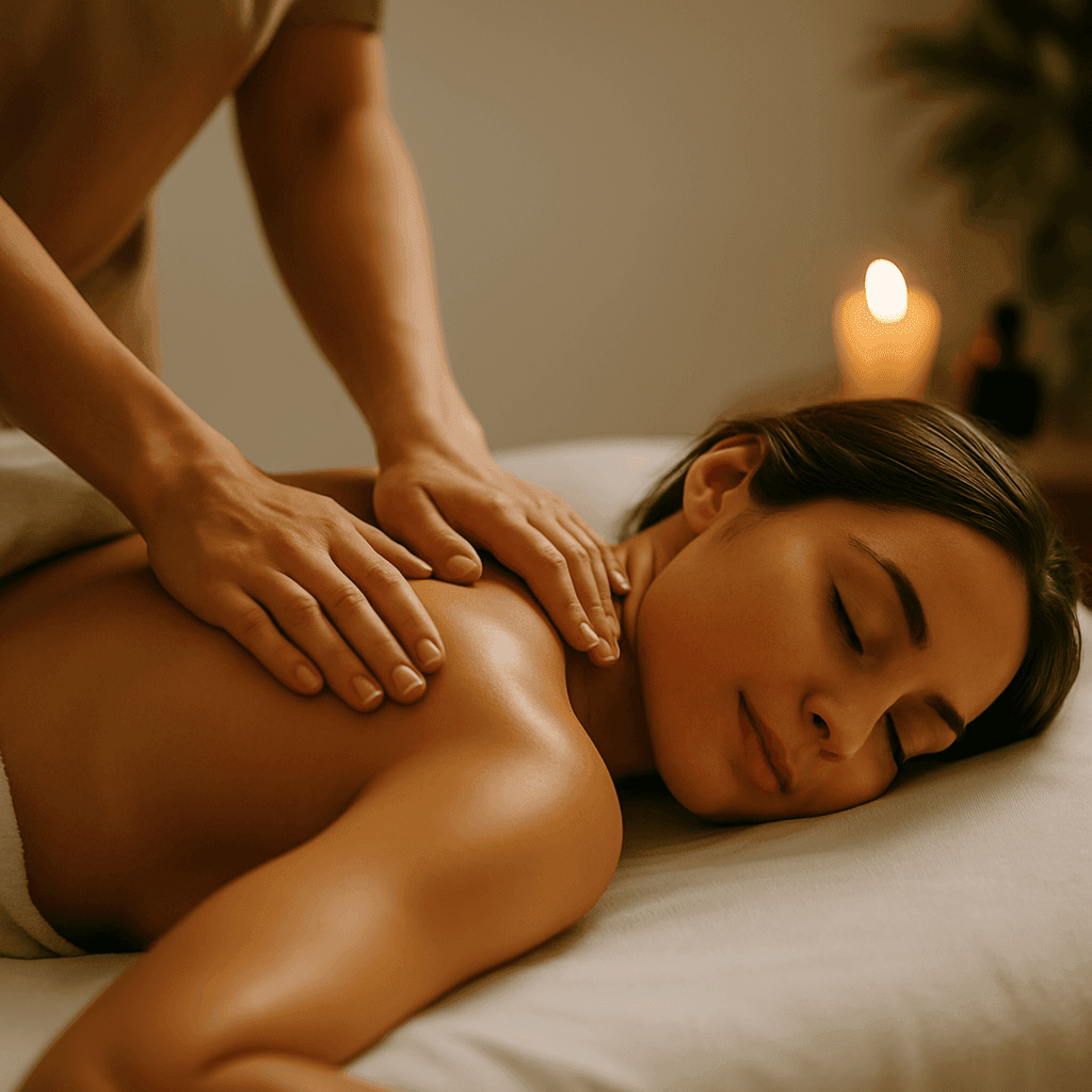 Mujer recibiendo un masaje antiestrés en Alicante, con expresión de relajación y una toalla en el cabello, mientras el terapeuta realiza movimientos suaves en un entorno de spa con luz tenue.